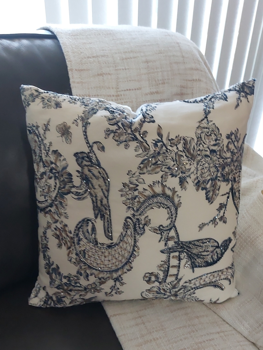 Cream Throw Pillow with Navy Bird & Floral Print